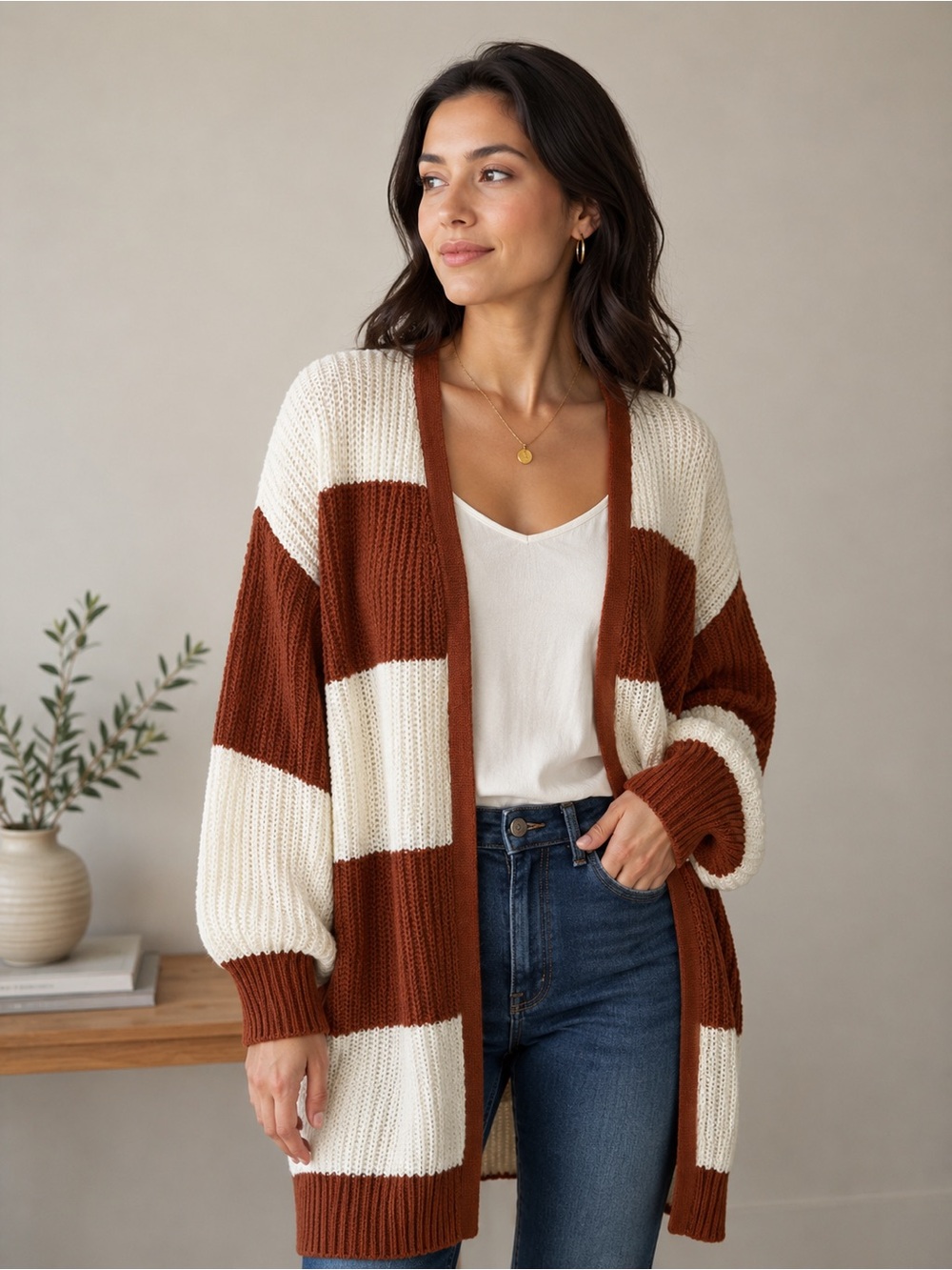 Love Change Oversized Chunky Knit Striped Open-Front Cardigan Sweater. Size M